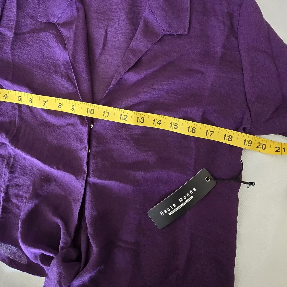 NWT Haute Monde Purple Tie Front Blouse M Collared Lightweight Drapey Chic Top - Picture 4 of 10